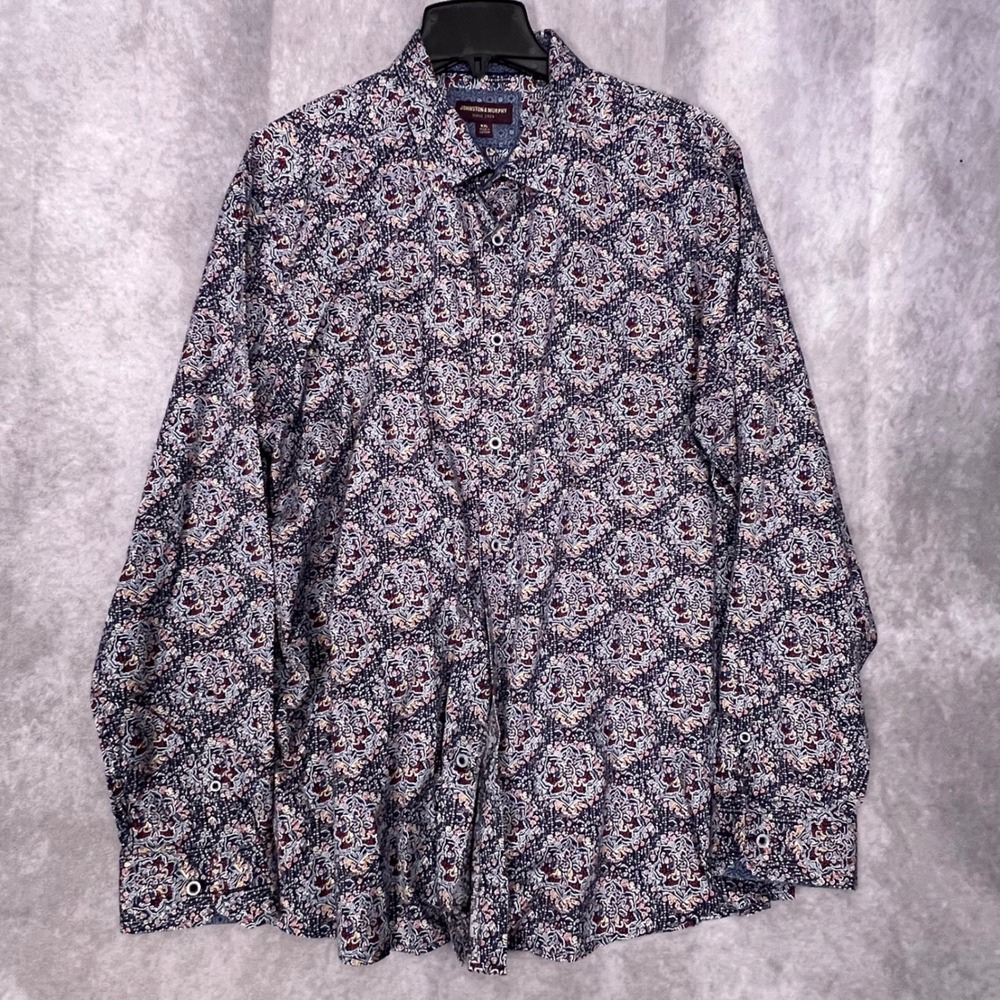 Johnston & Murphy Button Down Mens XXL Navy Blue Excellent Floral Medallion S/S - Picture 4 of 4